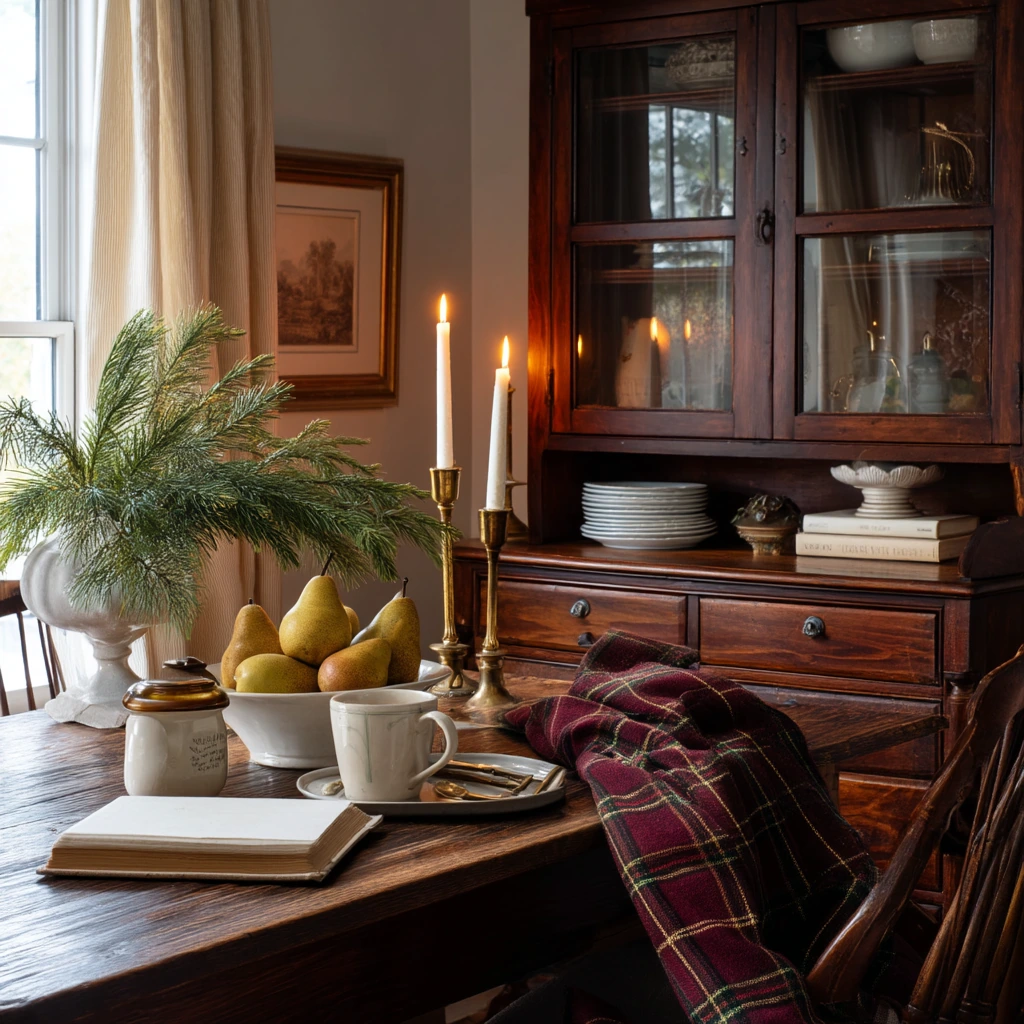 Seasonal Hutch Decor with Subtle Holiday Warmth