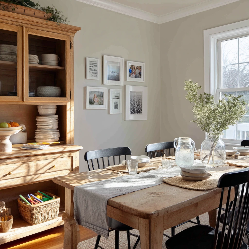 Warm Everyday Hutch Styling in a Family Dining Room
