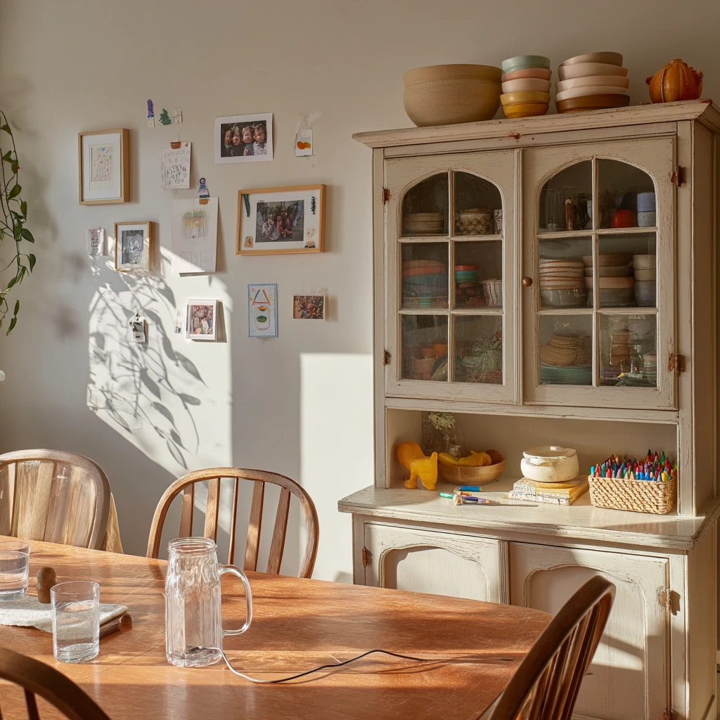 Warm Everyday Hutch Styling in a Family Dining Room