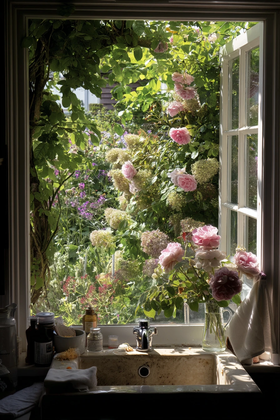 English Rose Border by the Kitchen Window
