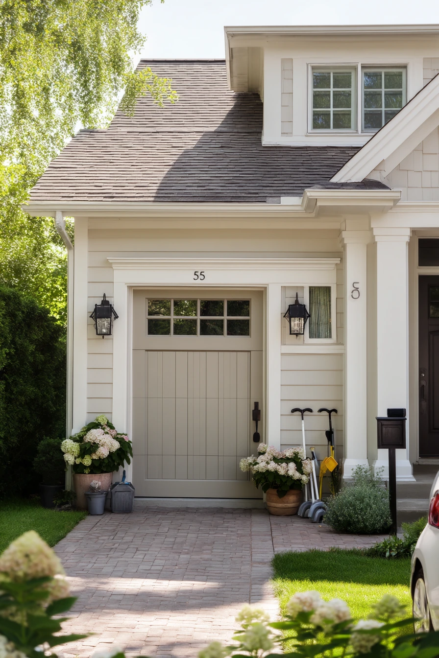 Classic White Garage Trim with Cottage Charm