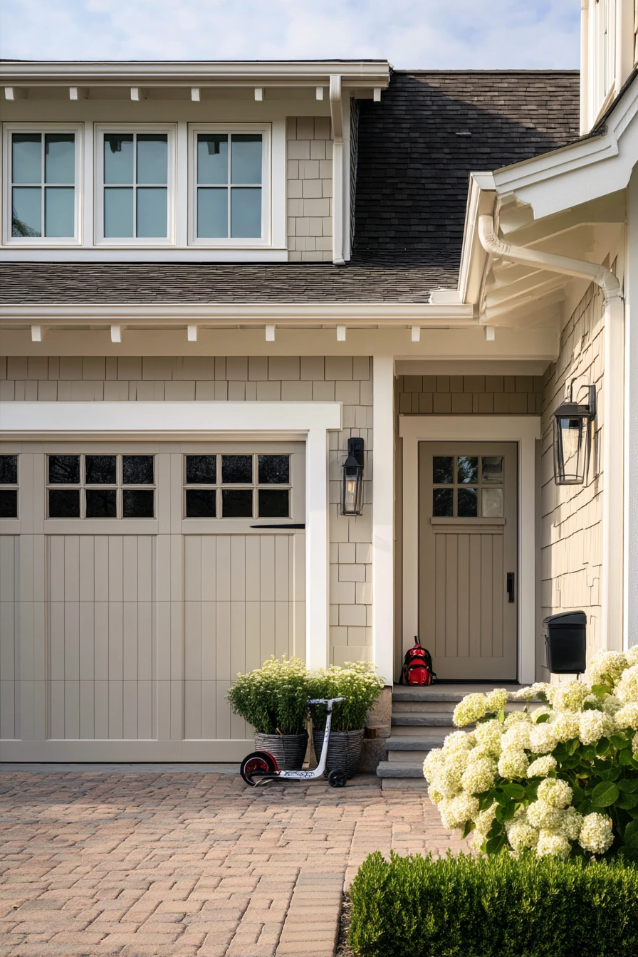 Classic White Garage Trim with Cottage Charm