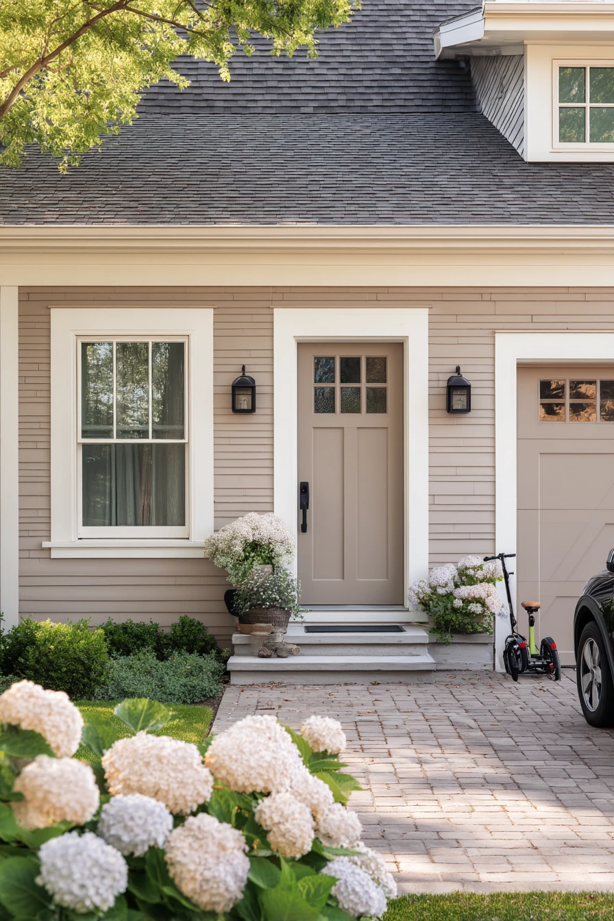 Classic White Garage Trim with Cottage Charm
