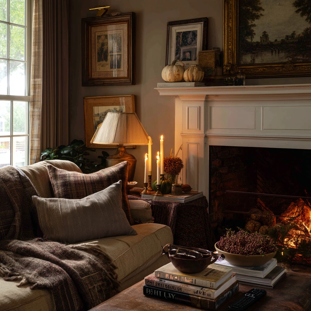Cozy Fireplace Mantel with Books and Candles