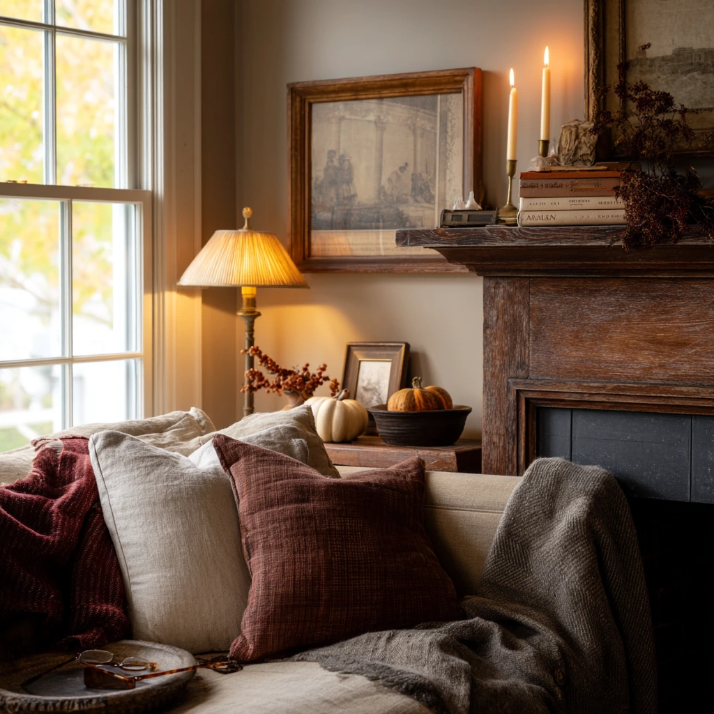 Cozy Fireplace Mantel with Books and Candles