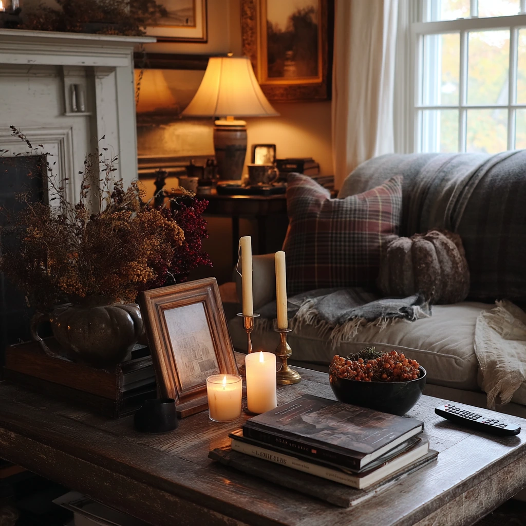 Cozy Fireplace Mantel with Books and Candles
