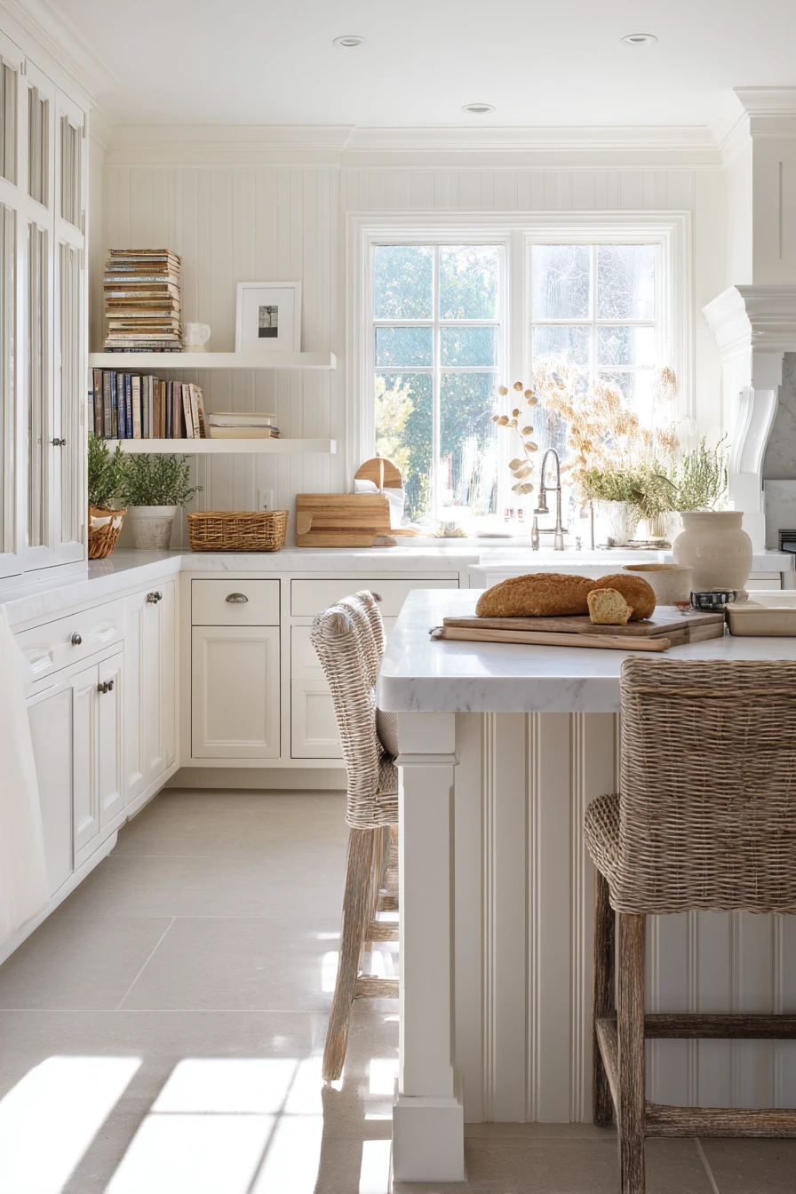6. White Kitchen with Natural Texture