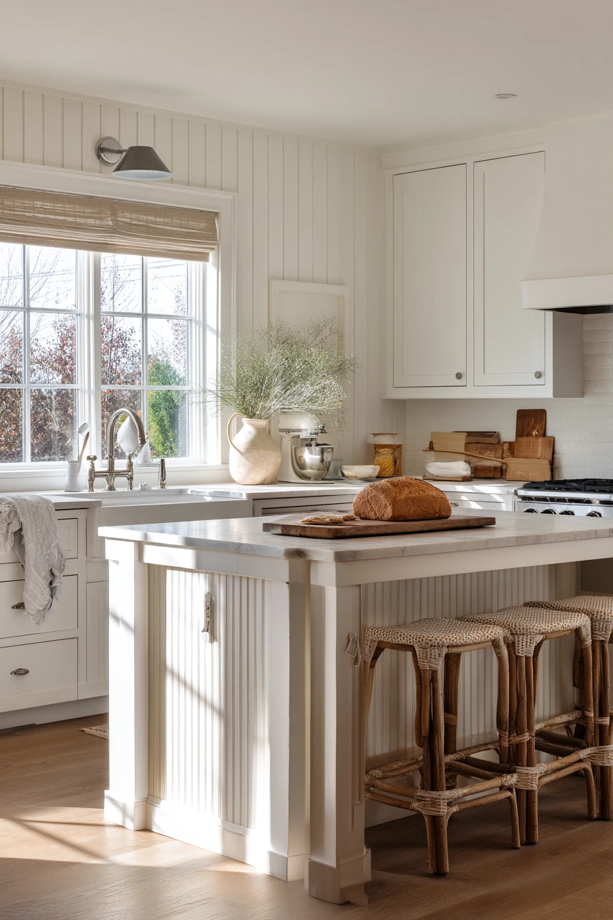 6. White Kitchen with Natural Texture