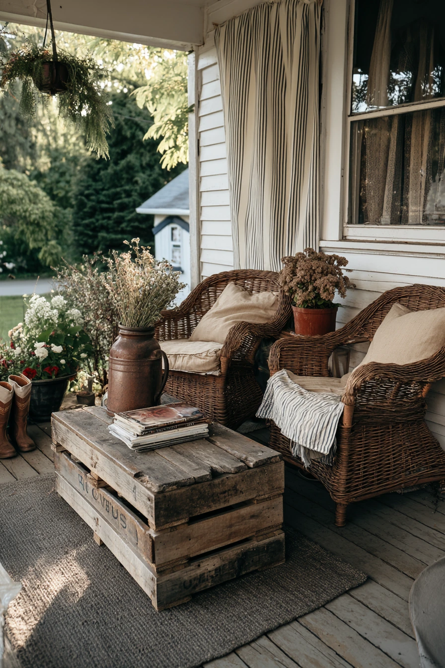 Budget-Friendly Farmhouse Porch Patio with Thrifted Pieces