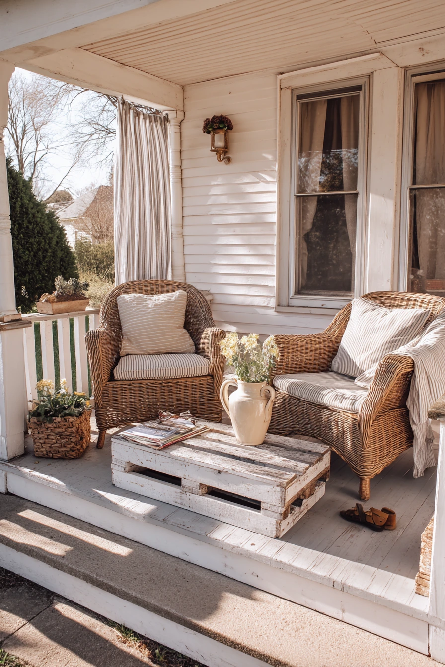 Budget-Friendly Farmhouse Porch Patio with Thrifted Pieces