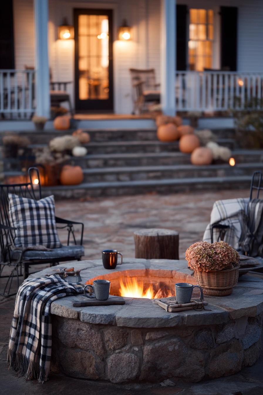 Fall Farmhouse Patio with Cozy Evening Fire Pit