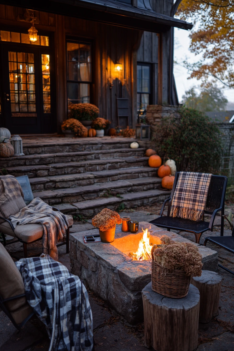 Fall Farmhouse Patio with Cozy Evening Fire Pit