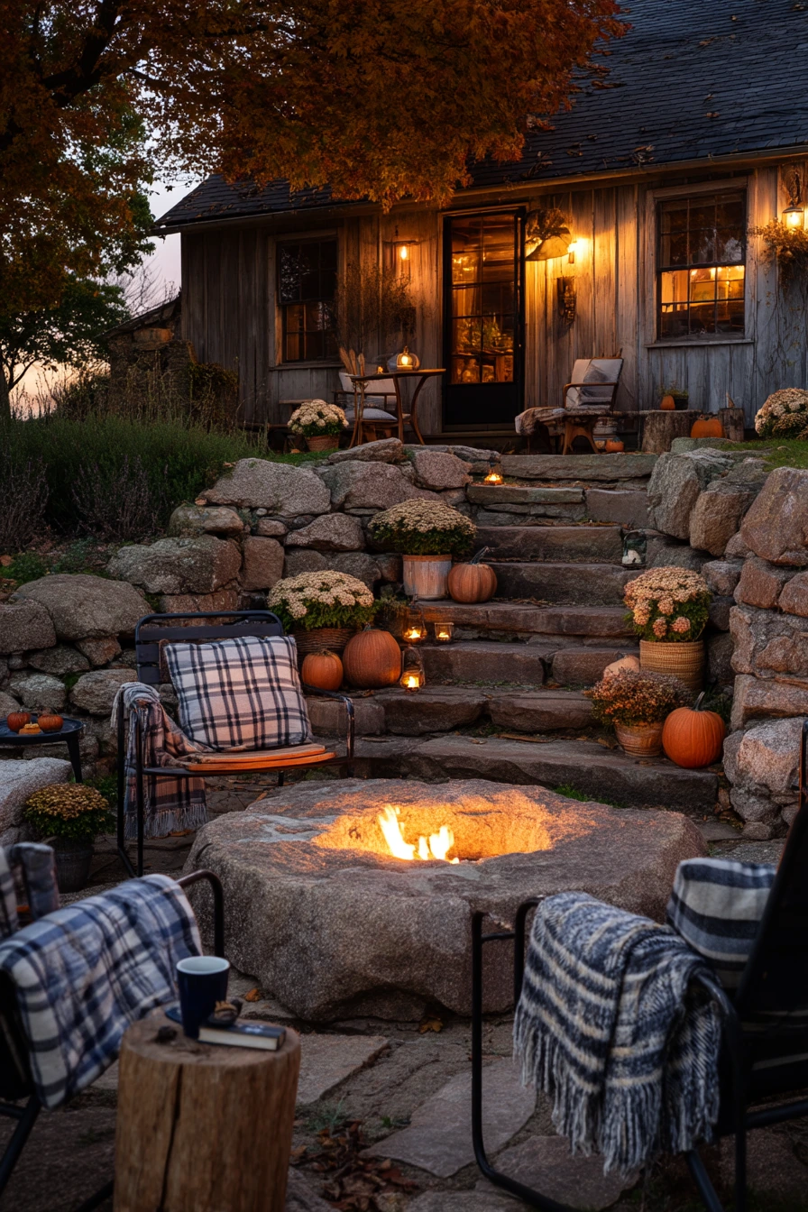 Fall Farmhouse Patio with Cozy Evening Fire Pit