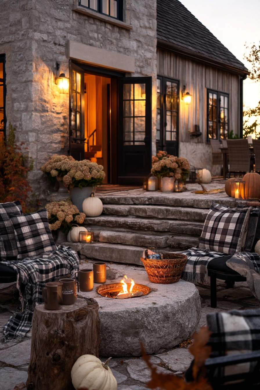 Fall Farmhouse Patio with Cozy Evening Fire Pit