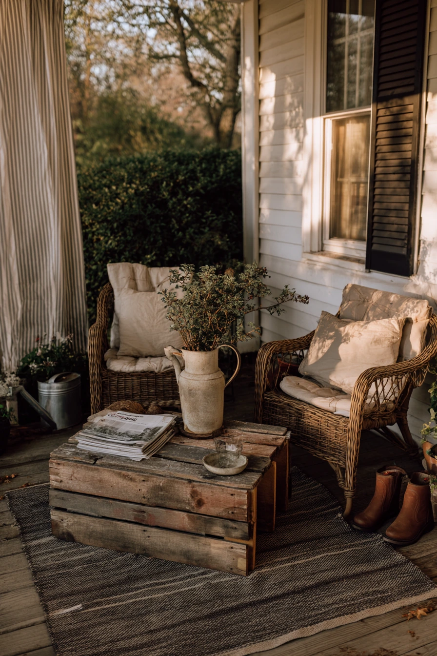 Budget-Friendly Farmhouse Porch Patio with Thrifted Pieces
