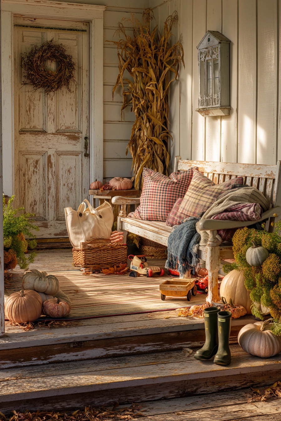 Fall Farmhouse Porch with Pumpkins and Boots