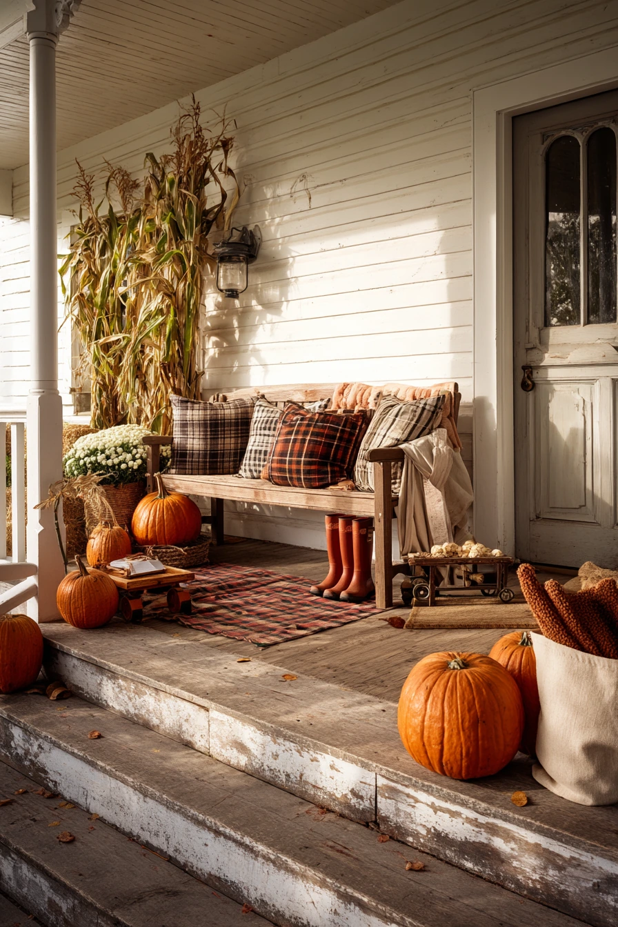 Fall Farmhouse Porch with Pumpkins and Boots