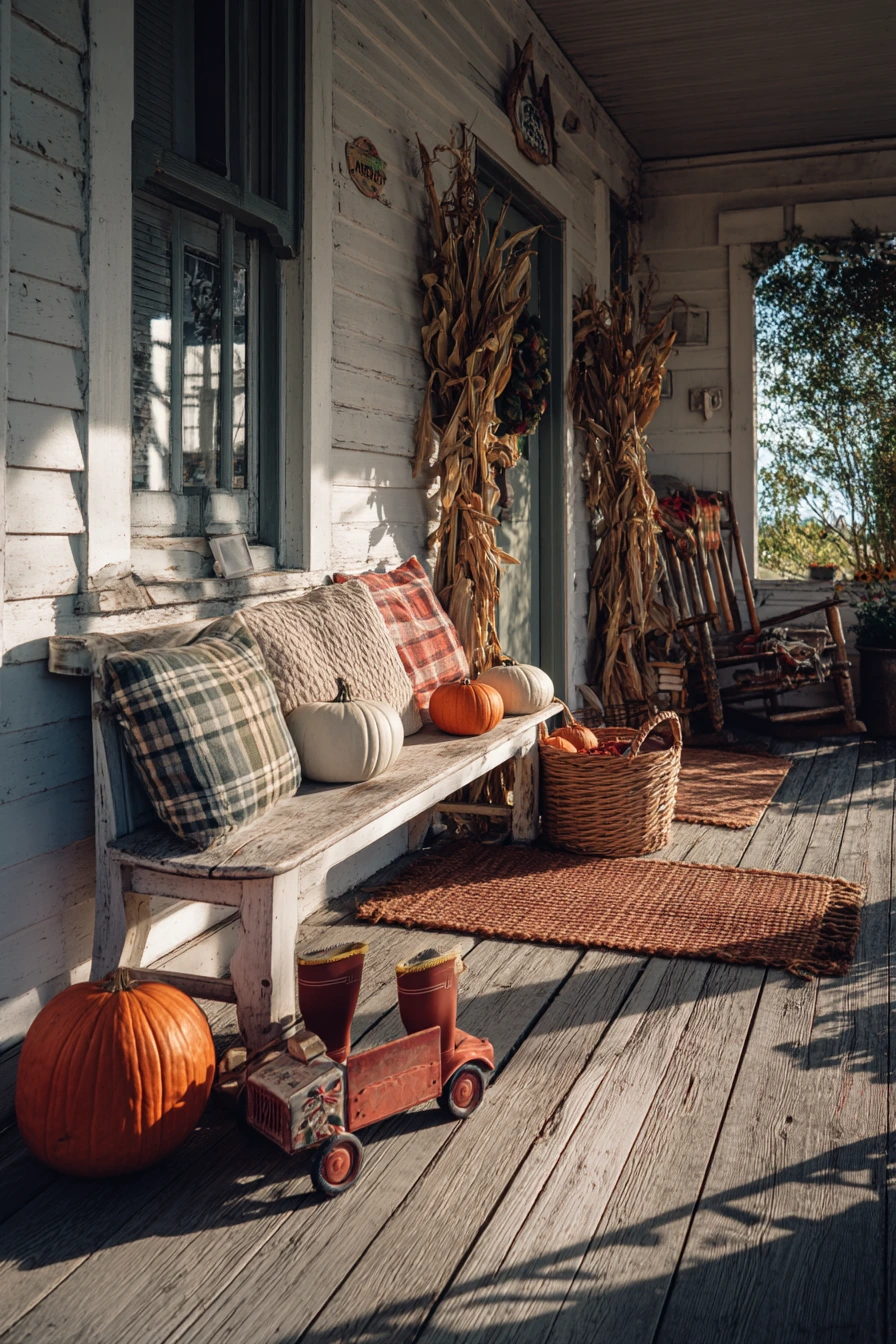 Fall Farmhouse Porch with Pumpkins and Boots