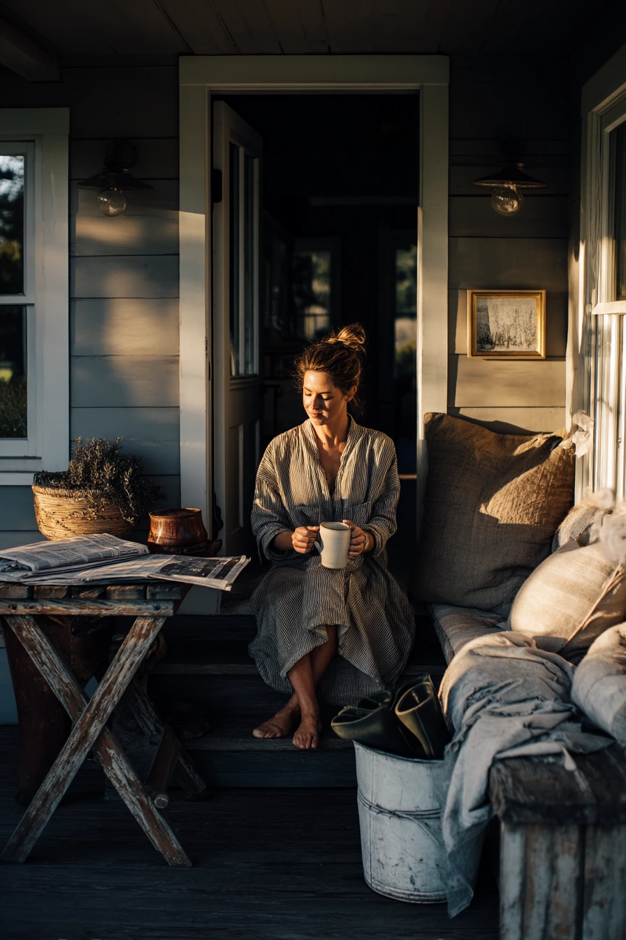 Sunday Morning Farmhouse Porch with Coffee and Mail