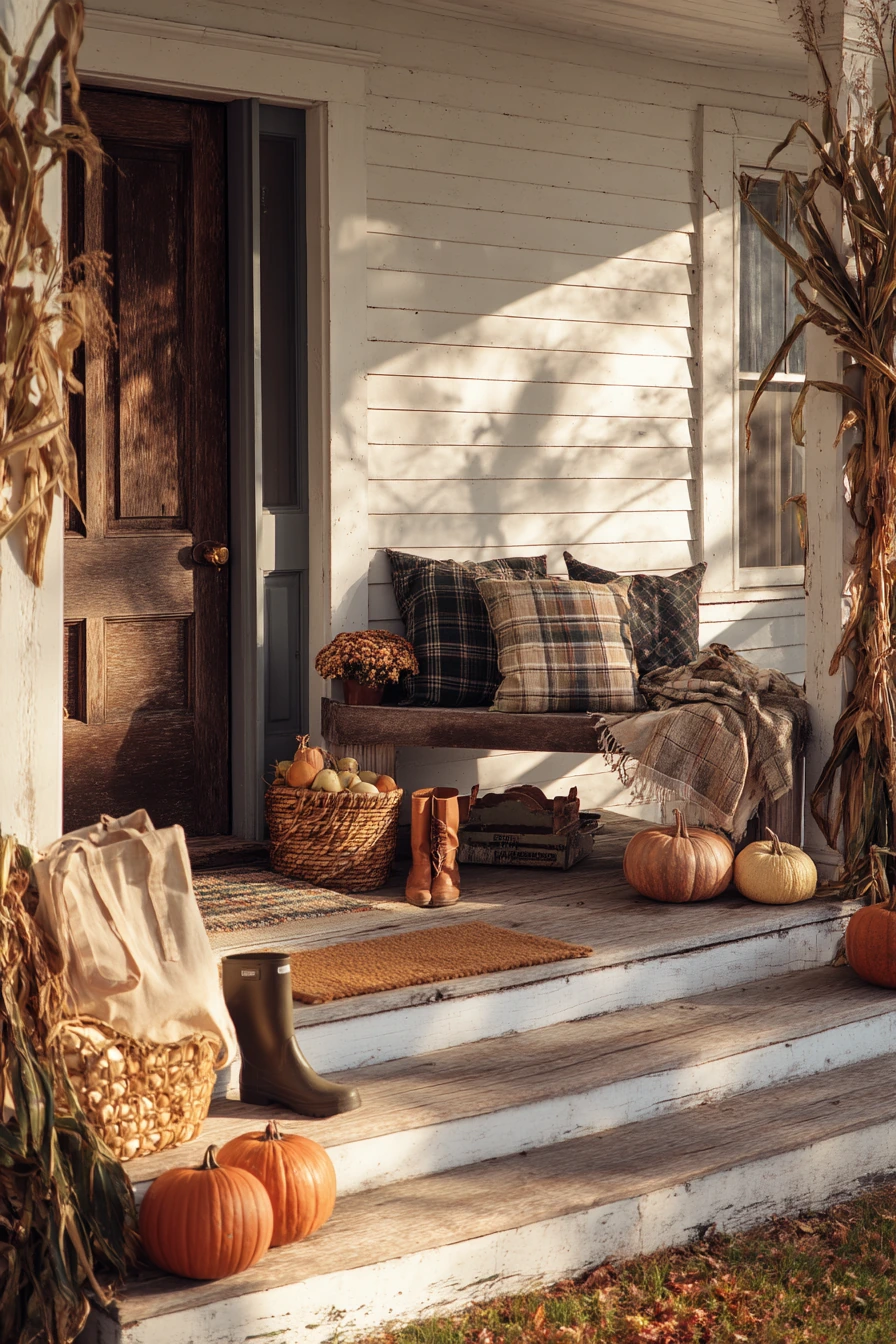 Fall Farmhouse Porch with Pumpkins and Boots