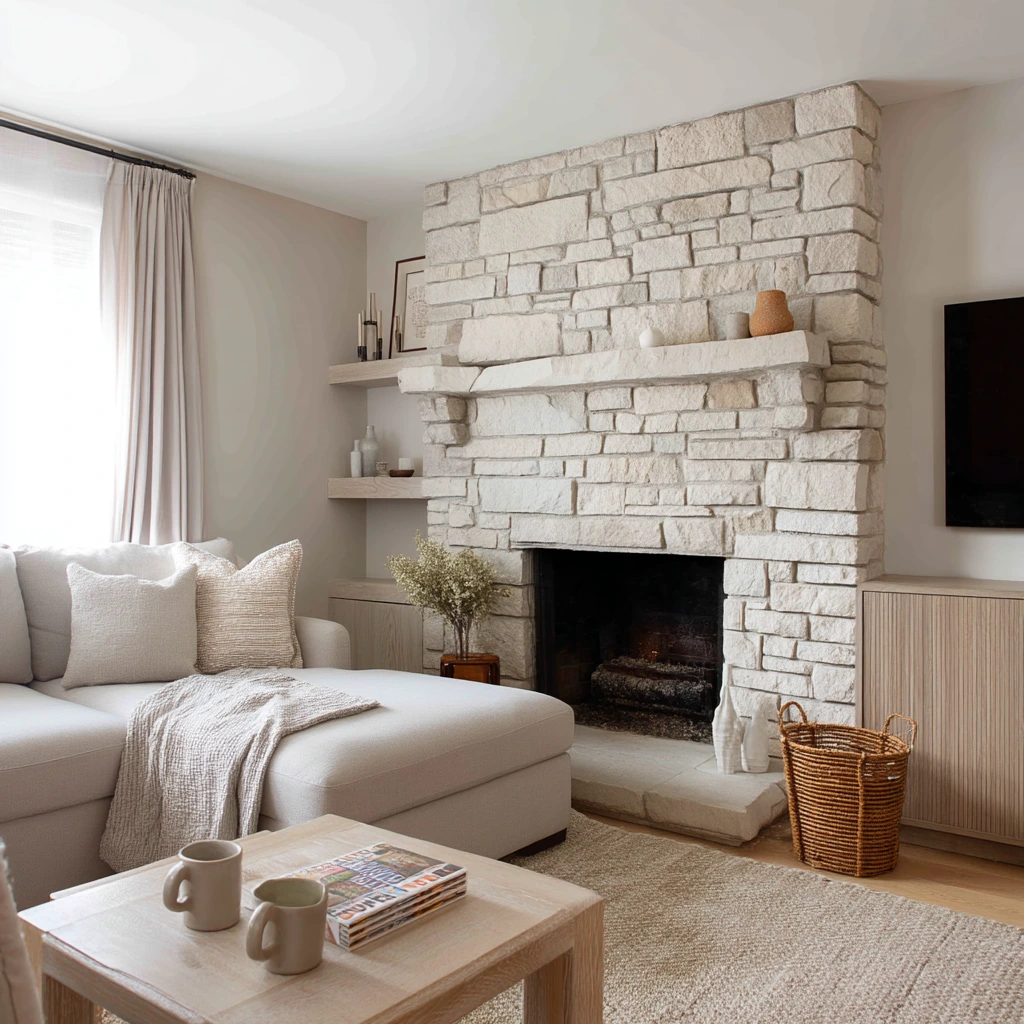 Family Room Faux-Limestone Hearth