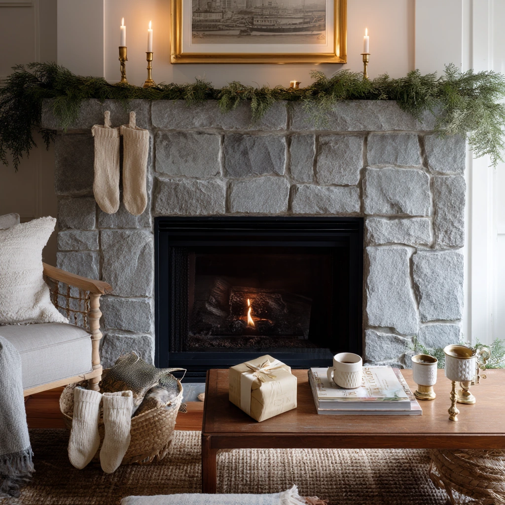 Seasonal Mantel With Holiday Greenery