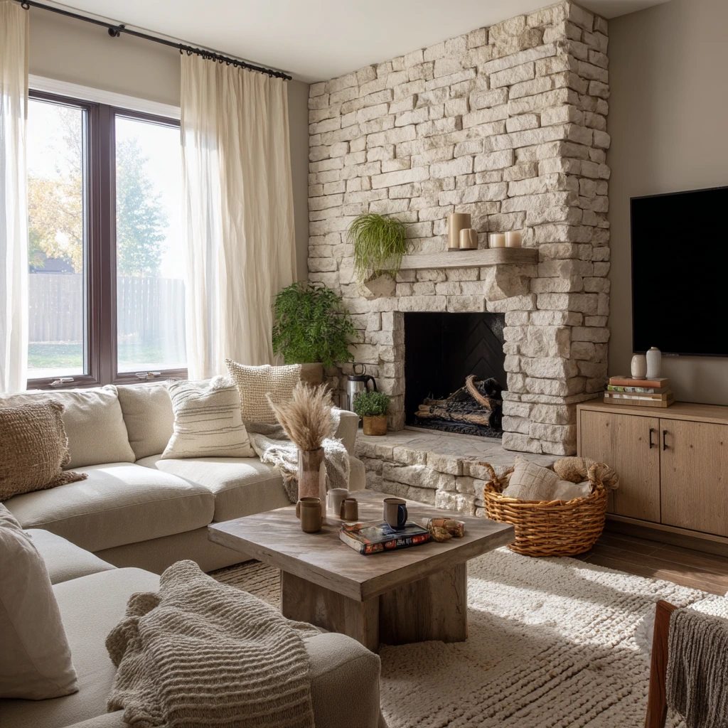 Family Room Faux-Limestone Hearth