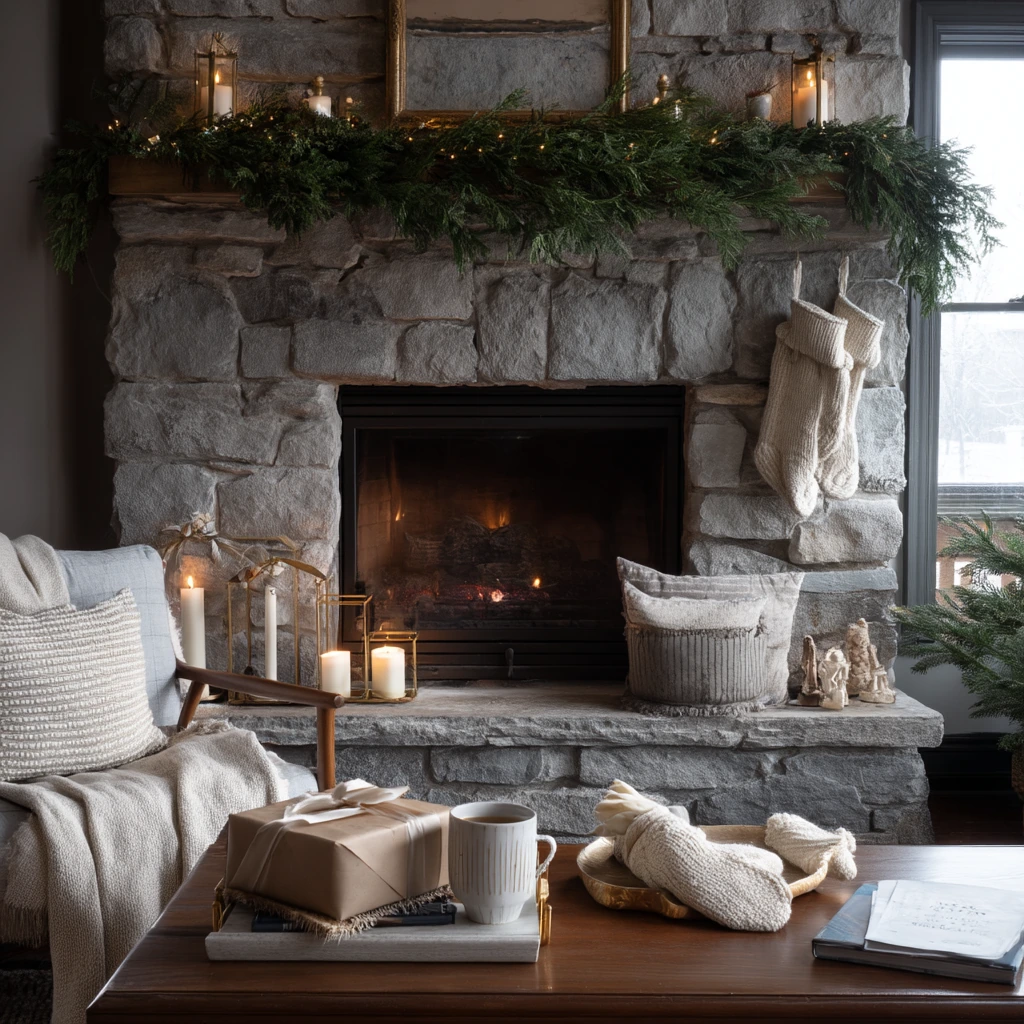 Seasonal Mantel With Holiday Greenery