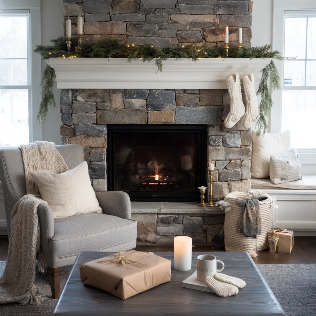 Seasonal Mantel With Holiday Greenery