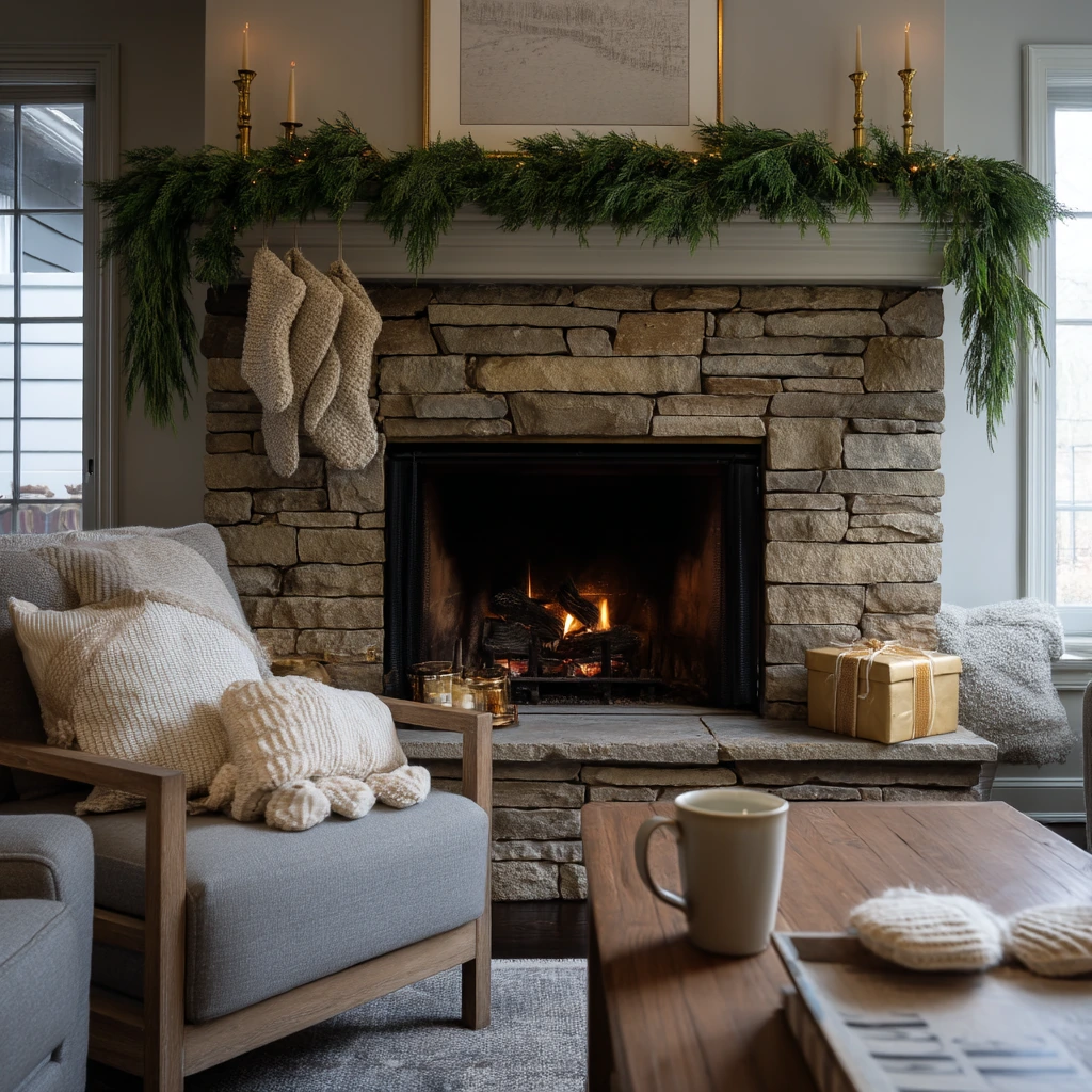 Seasonal Mantel With Holiday Greenery