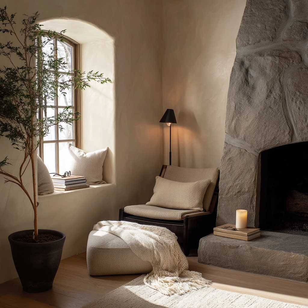 Minimalist Stone Fireplace Reading Corner