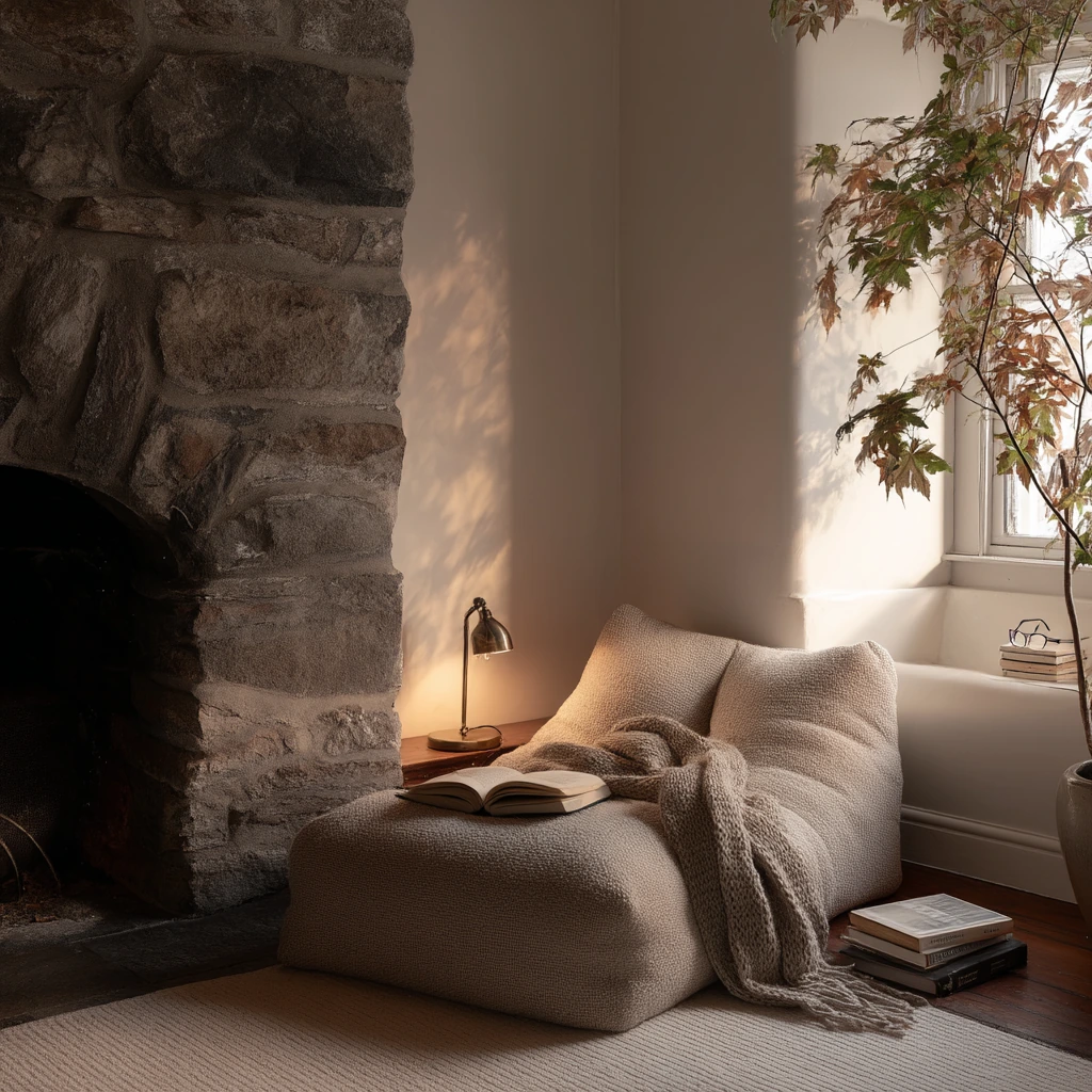 Minimalist Stone Fireplace Reading Corner