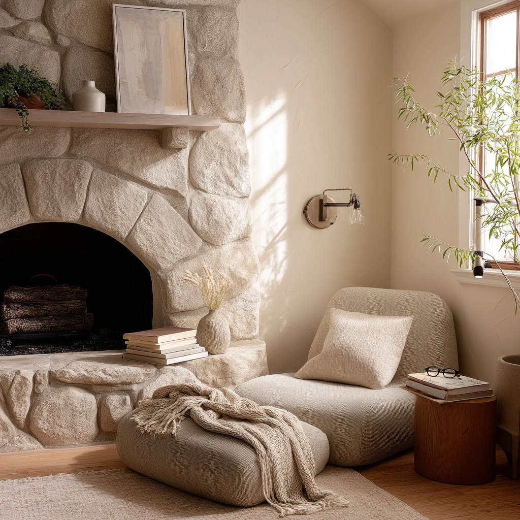Minimalist Stone Fireplace Reading Corner