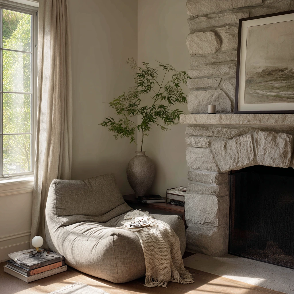 Minimalist Stone Fireplace Reading Corner