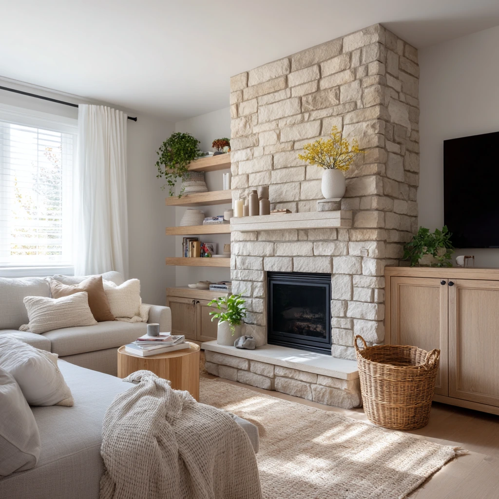 Family Room Faux-Limestone Hearth
