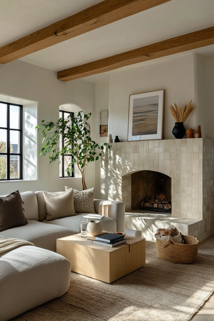 Warm limestone backsplash in a family living room