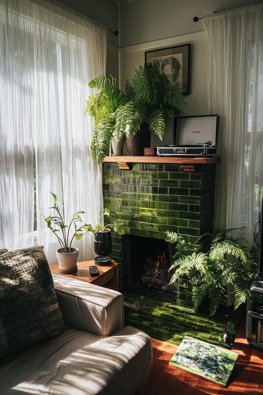 Green tile fireplace in a plant-filled bungalow
