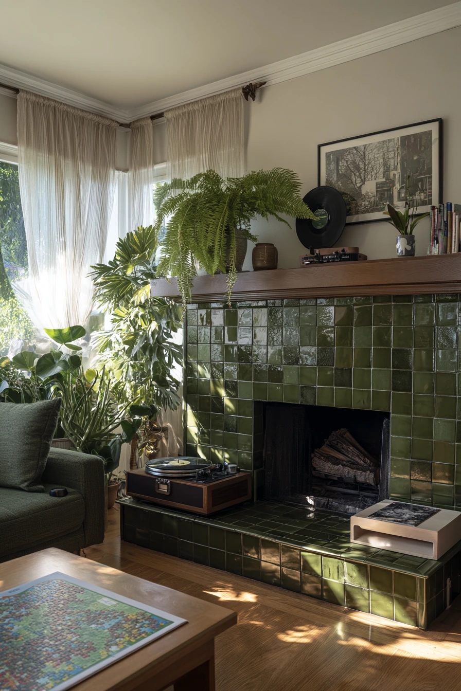 Green tile fireplace in a plant-filled bungalow