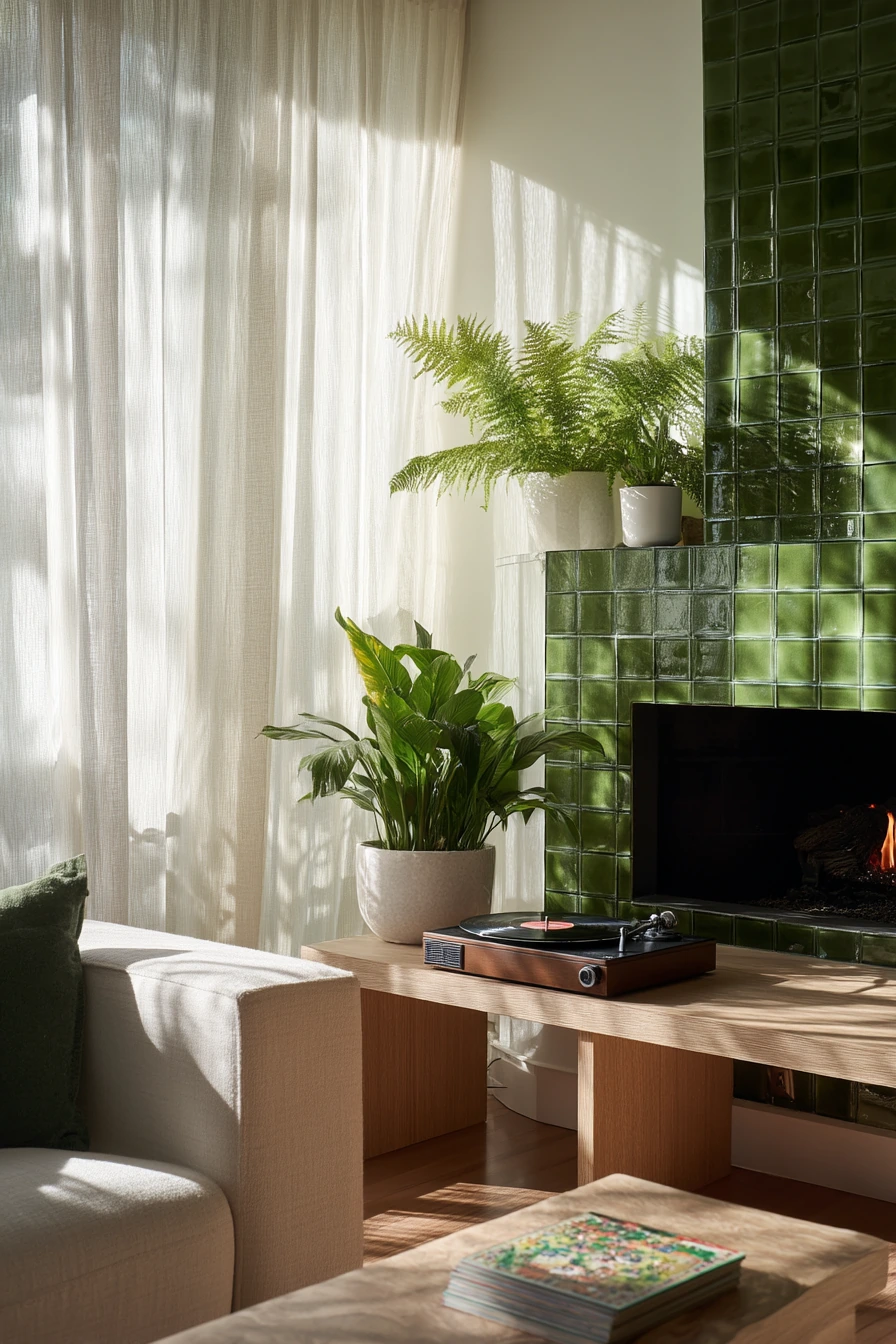 Green tile fireplace in a plant-filled bungalow