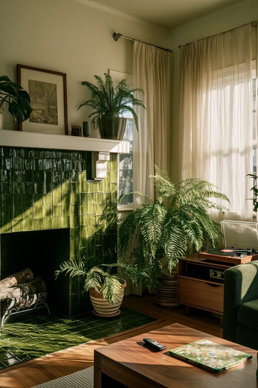 Green tile fireplace in a plant-filled bungalow