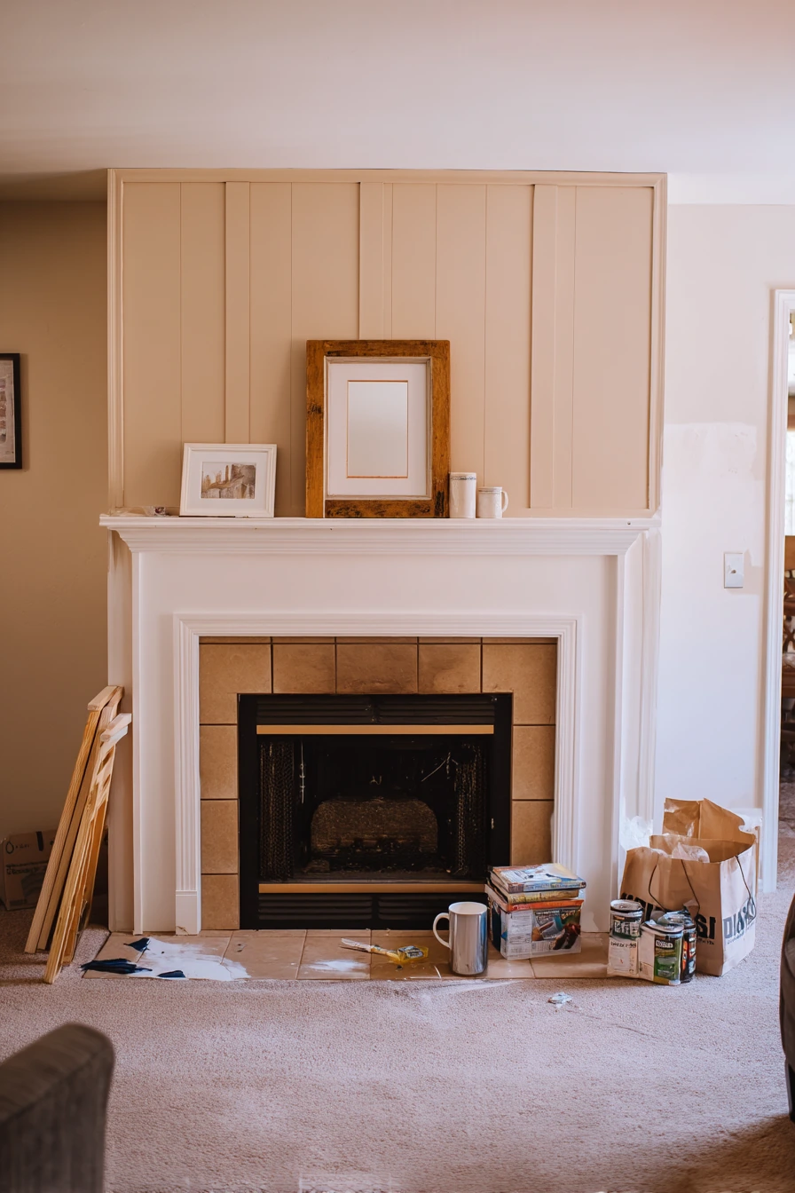 Budget DIY beadboard surround with painted backsplash