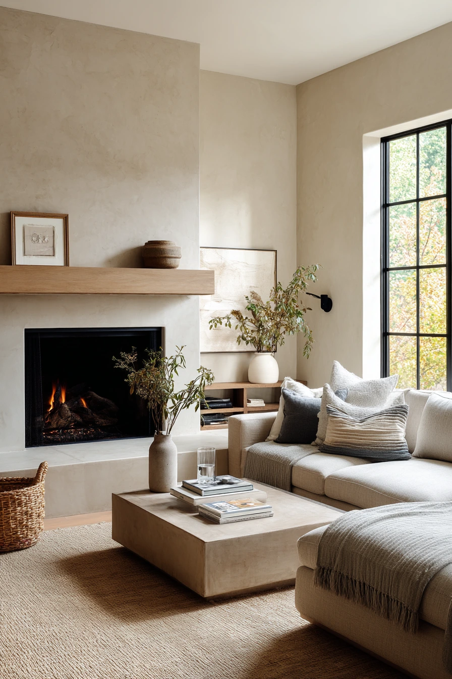 Warm limestone backsplash in a family living room