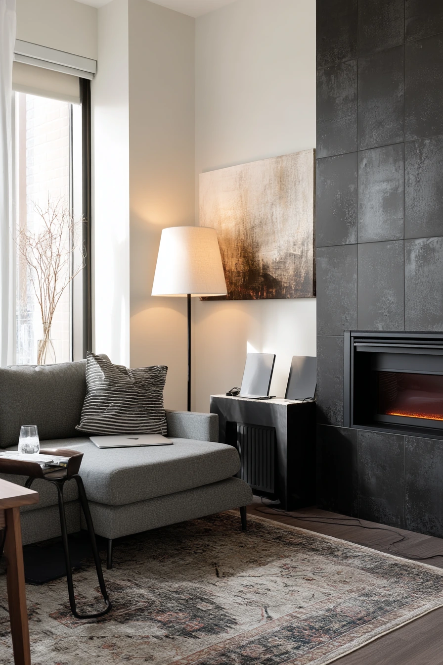 Black tile backsplash for a sleek condo living room