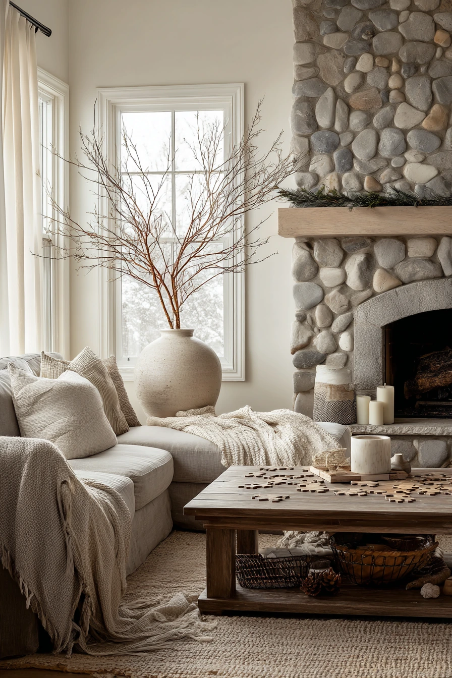 Seasonal stone backsplash with winter decor