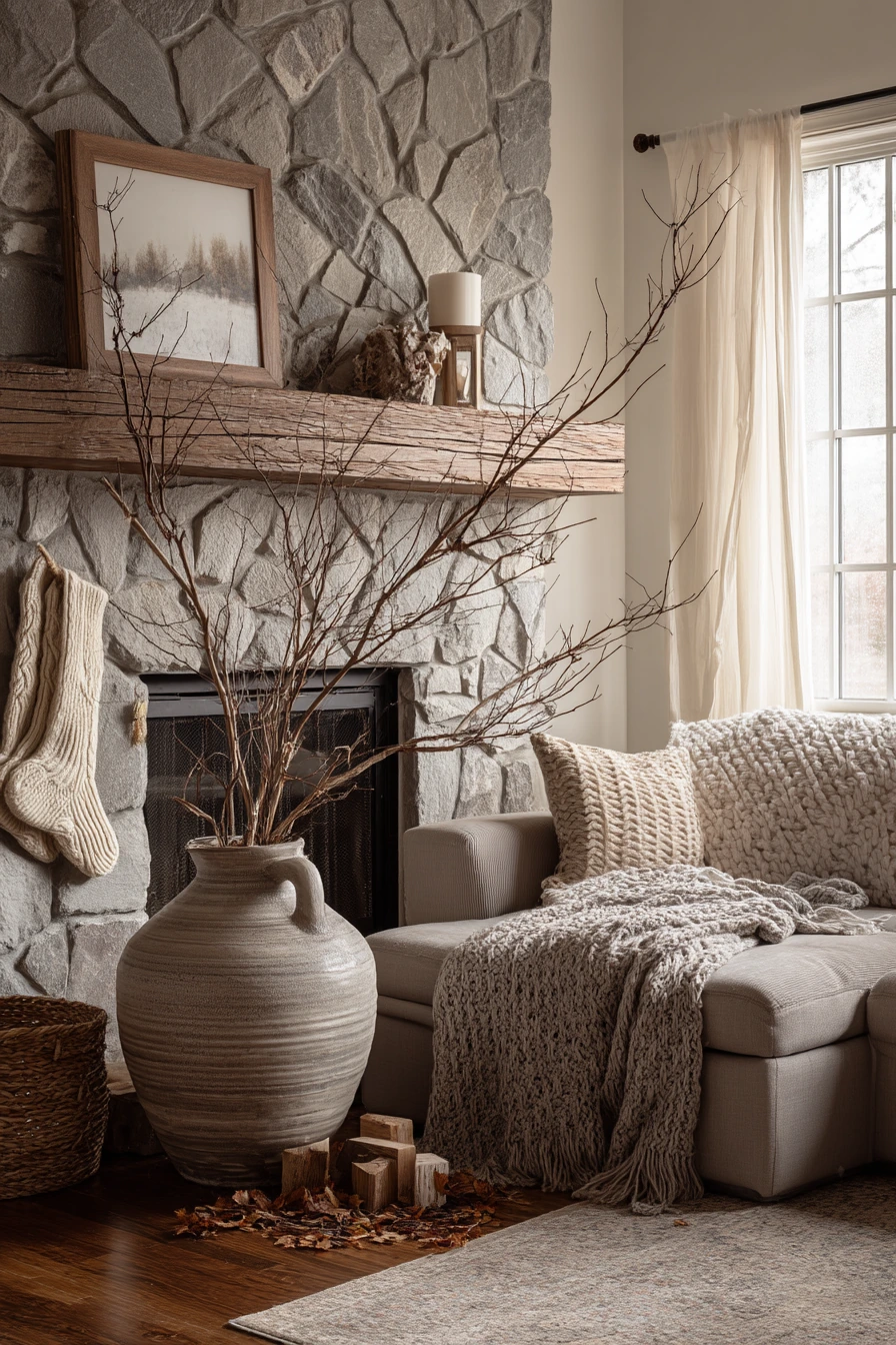 Seasonal stone backsplash with winter decor