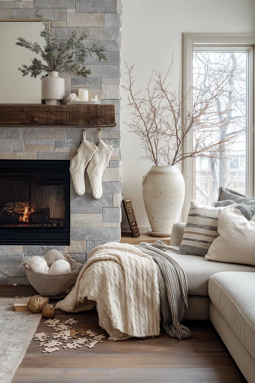 Seasonal stone backsplash with winter decor