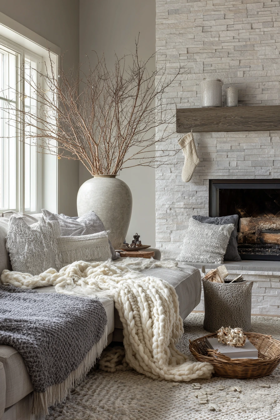 Seasonal stone backsplash with winter decor