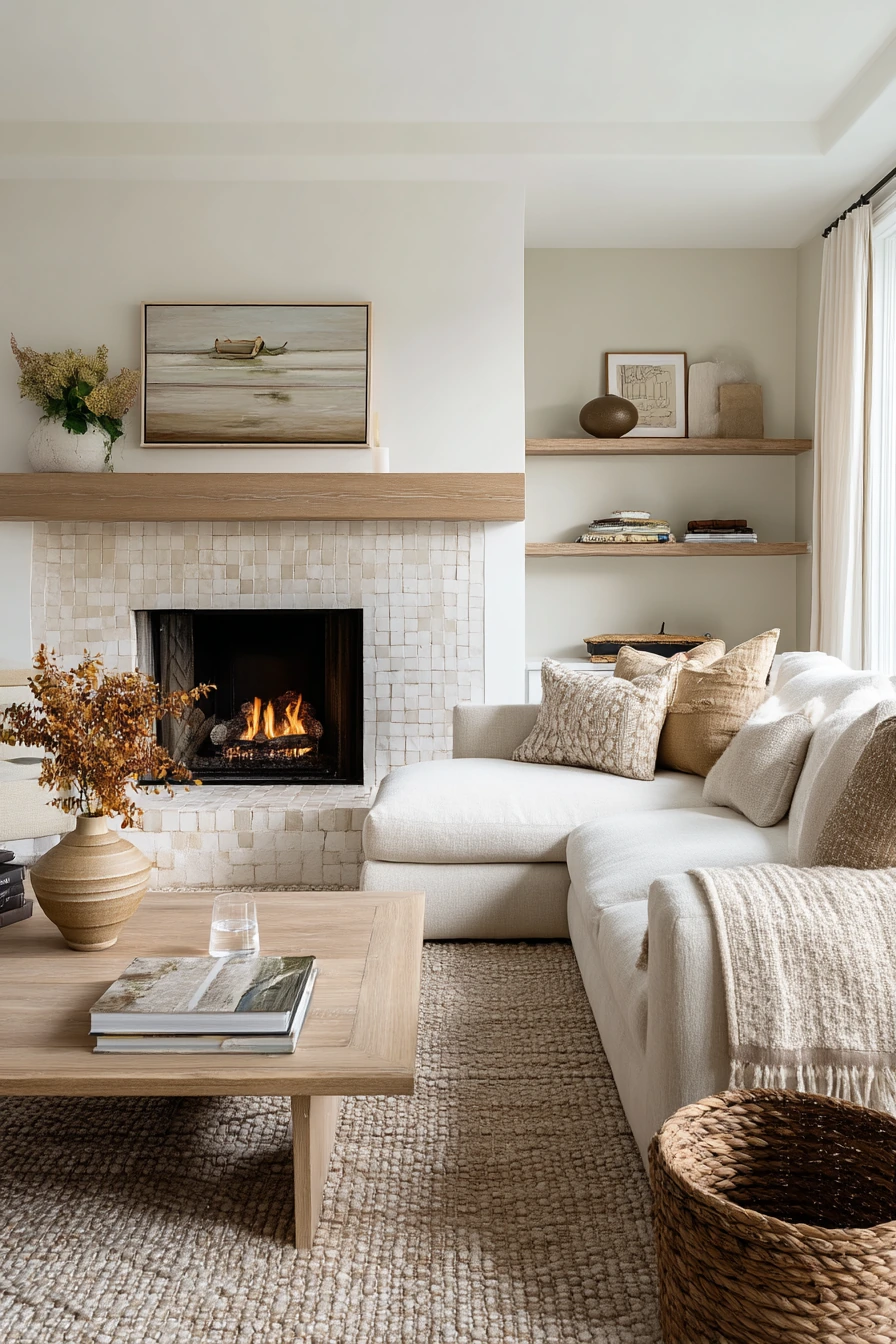 Warm limestone backsplash in a family living room