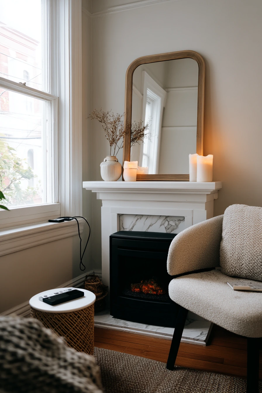 Budget-friendly peel-and-stick tile behind the fireplace