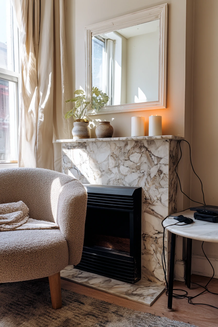 Budget-friendly peel-and-stick tile behind the fireplace
